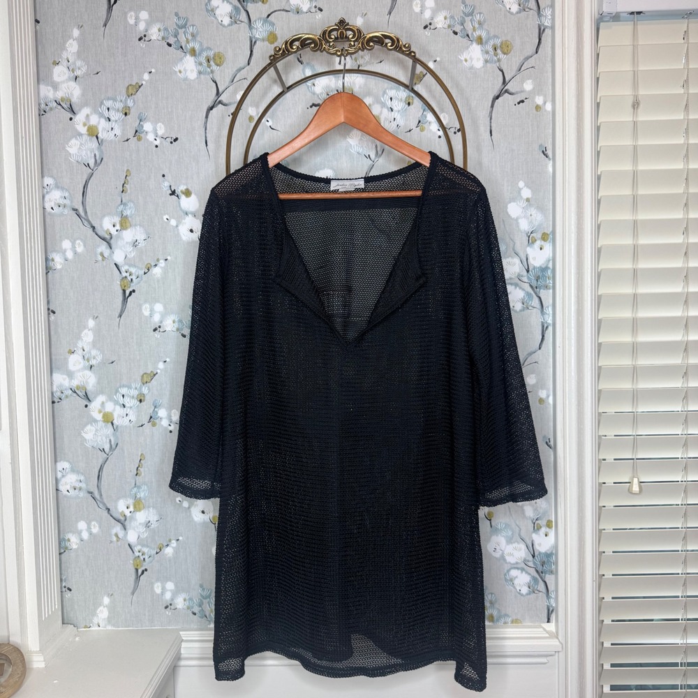 Jordan Taylor Black Mesh Swim Cover Up V-Neck 3/4 Sleeve Tunic XL 20A-538 USA